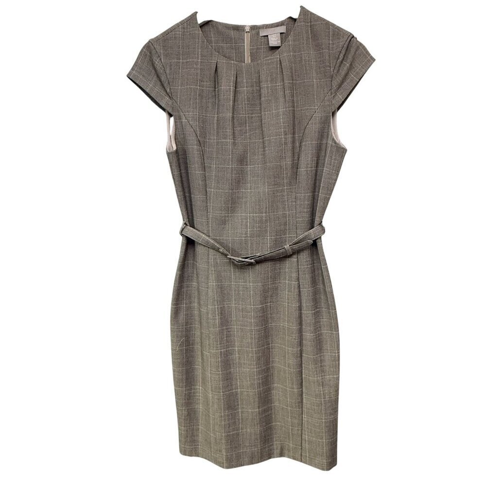 H&M Dress Womens Small Brown Check Tan Belted Office Career Classic Shift